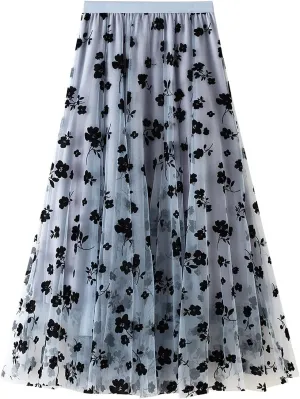 Women Long Tulle Skirt Elastic High Waist Floral Print Layered Mesh Skirts Fashion Party Club A Line Midi Skirt