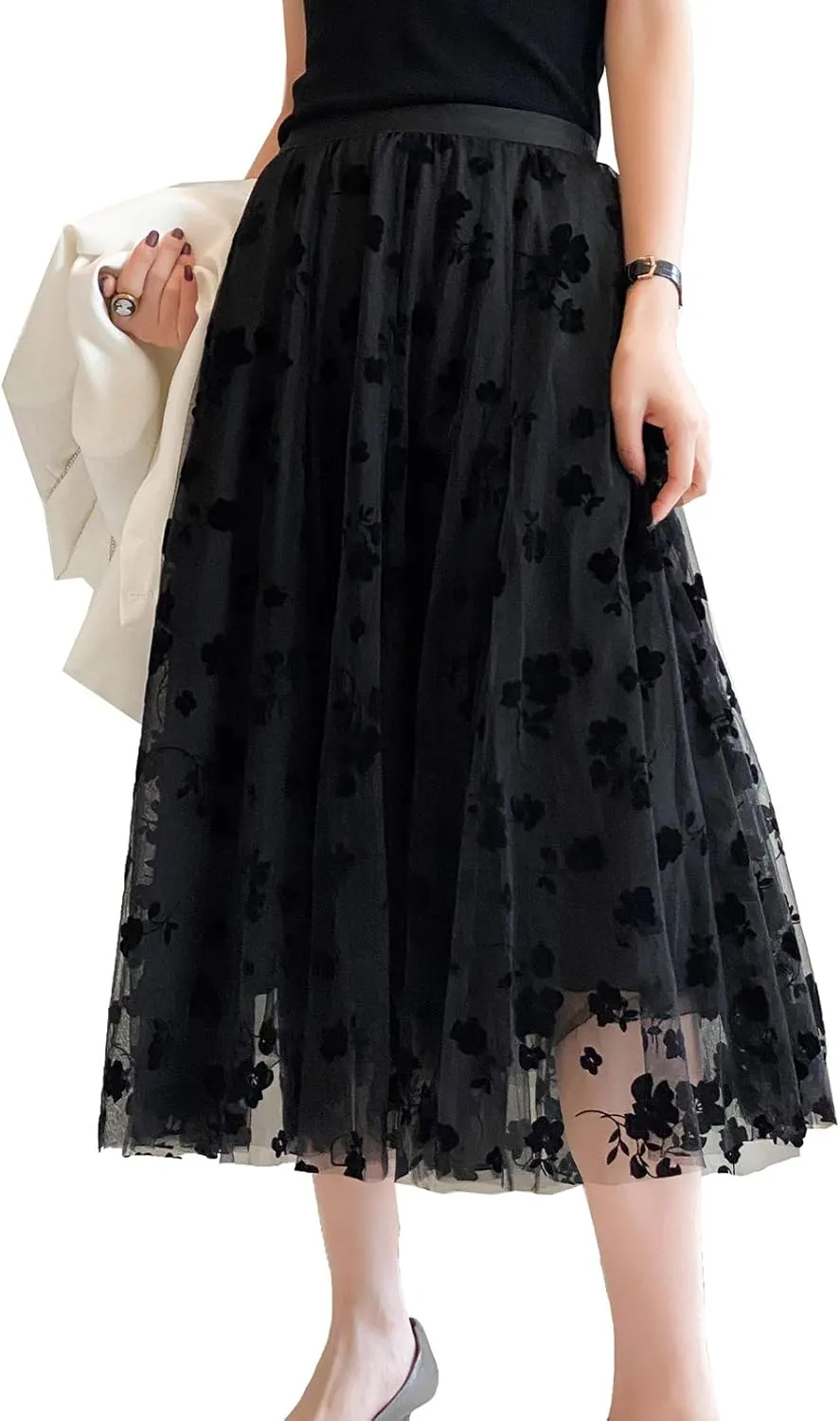 Women Long Tulle Skirt Elastic High Waist Floral Print Layered Mesh Skirts Fashion Party Club A Line Midi Skirt
