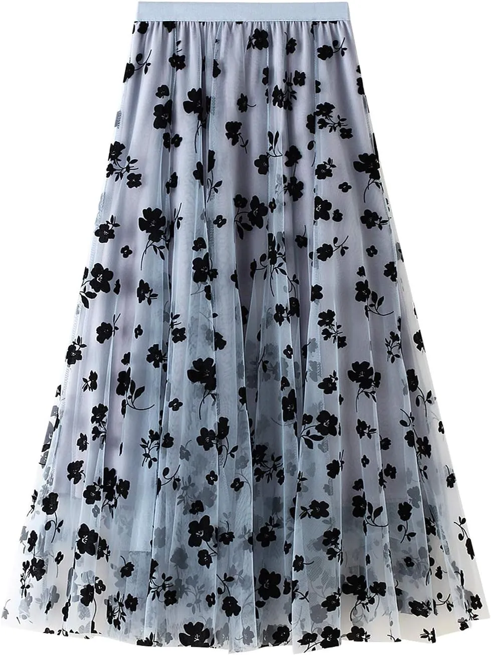 Women Long Tulle Skirt Elastic High Waist Floral Print Layered Mesh Skirts Fashion Party Club A Line Midi Skirt