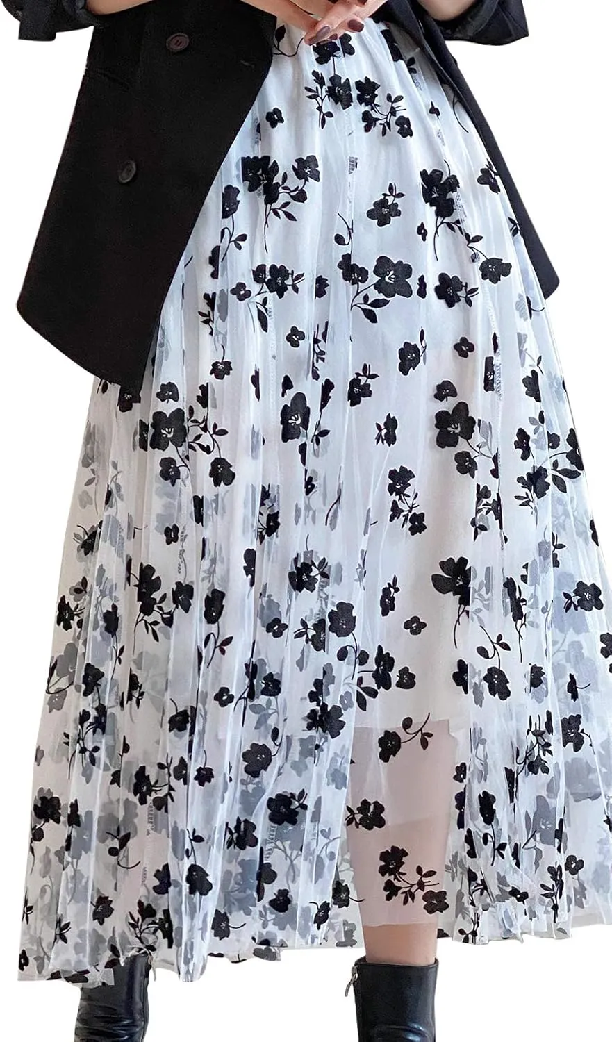 Women Long Tulle Skirt Elastic High Waist Floral Print Layered Mesh Skirts Fashion Party Club A Line Midi Skirt