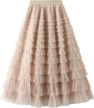 Women Long Tulle Skirt Elastic High Waist Floral Print Layered Mesh Skirts Fashion Party Club A Line Midi Skirt