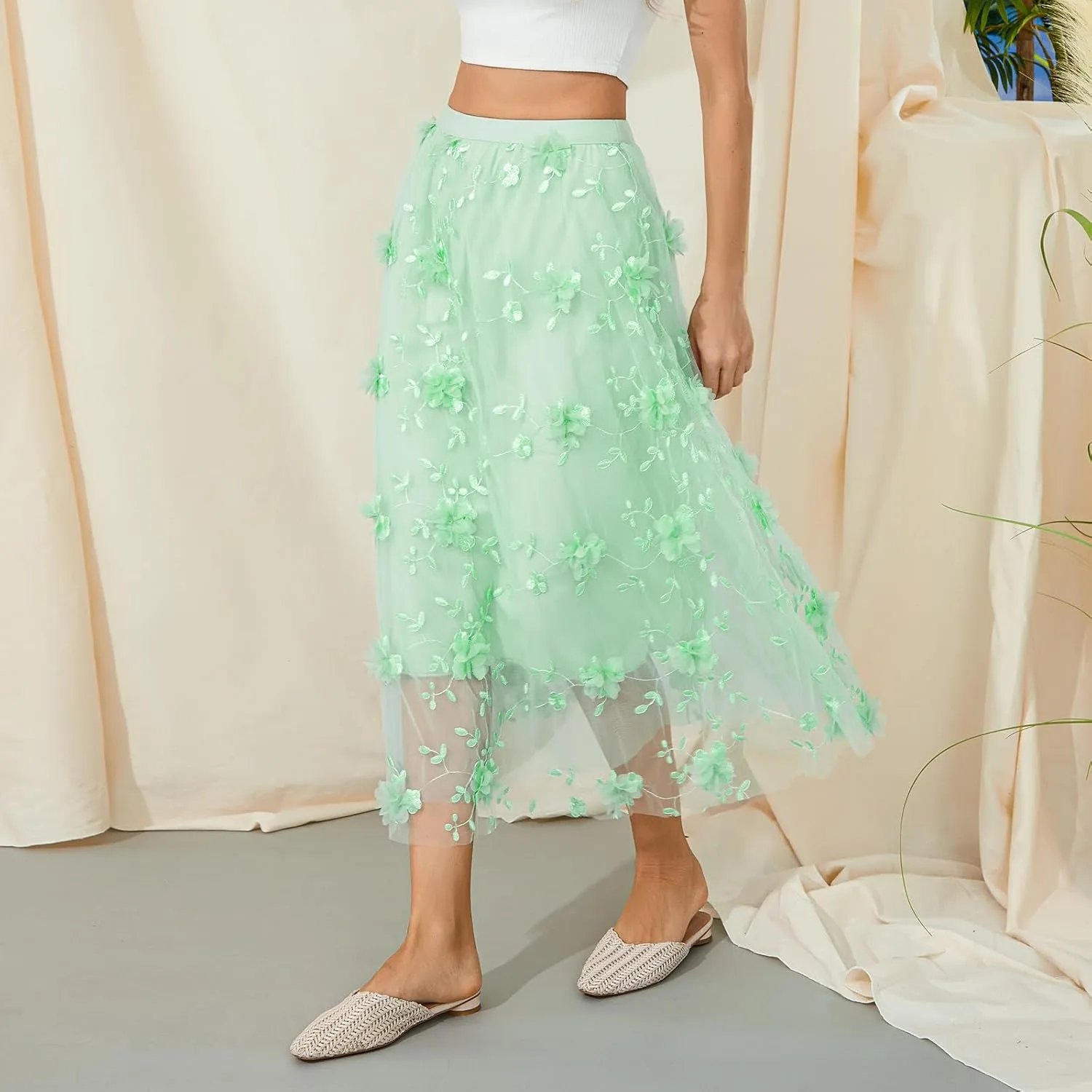 Women Long Tulle Skirt Elastic High Waist Floral Print Layered Mesh Skirts Fashion Party Club A Line Midi Skirt