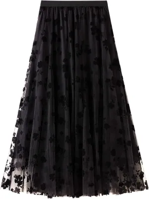 Women Long Tulle Skirt Elastic High Waist Floral Print Layered Mesh Skirts Fashion Party Club A Line Midi Skirt