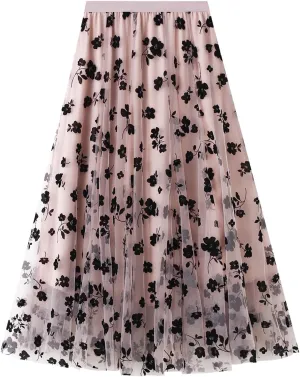 Women Long Tulle Skirt Elastic High Waist Floral Print Layered Mesh Skirts Fashion Party Club A Line Midi Skirt