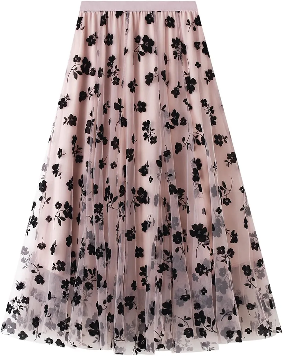 Women Long Tulle Skirt Elastic High Waist Floral Print Layered Mesh Skirts Fashion Party Club A Line Midi Skirt