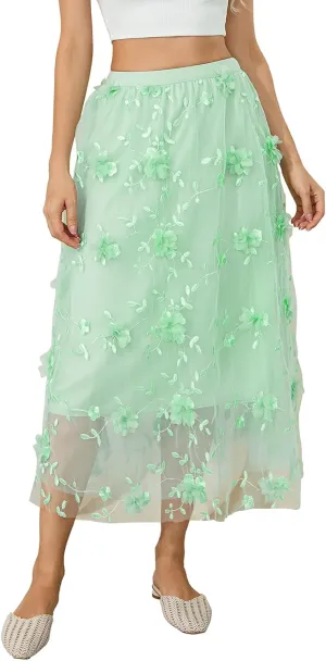 Women Long Tulle Skirt Elastic High Waist Floral Print Layered Mesh Skirts Fashion Party Club A Line Midi Skirt