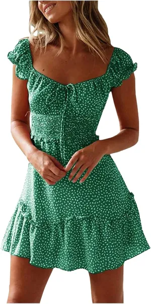 Women's 2023 Summer Bohemian Floral Printed Ruffle Hem Short Sleeves Tube Crew Neck Wrap Beach Party Mini Dress Green