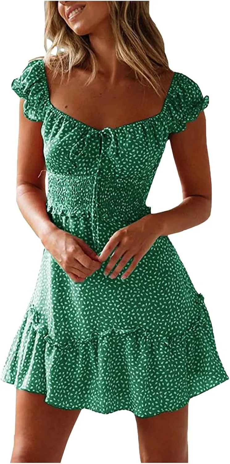 Women's 2023 Summer Bohemian Floral Printed Ruffle Hem Short Sleeves Tube Crew Neck Wrap Beach Party Mini Dress Green