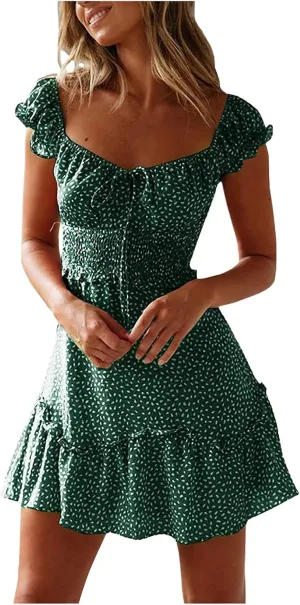 Women's 2023 Summer Bohemian Floral Printed Ruffle Hem Short Sleeves Tube Crew Neck Wrap Beach Party Mini Dress Mint Green
