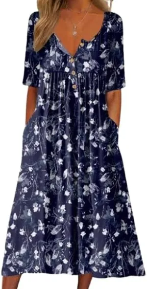 Women's Boho Floral Maxi Dress, Elegant V-Neck 3/4 Sleeve Boho Casual Dress with Pockets for Women