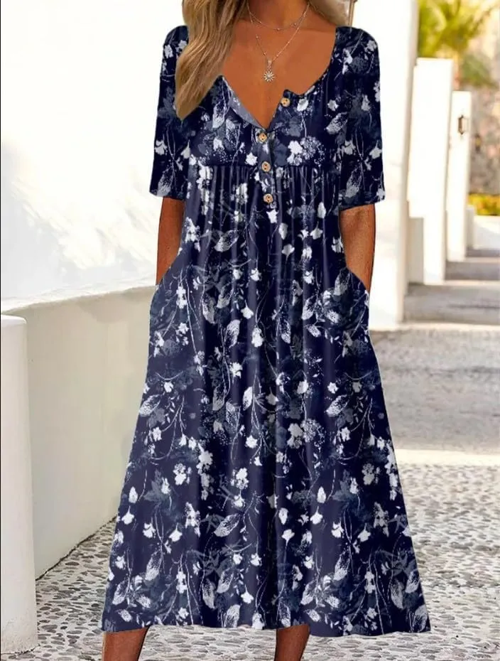 Women's Boho Floral Maxi Dress, Elegant V-Neck 3/4 Sleeve Boho Casual Dress with Pockets for Women