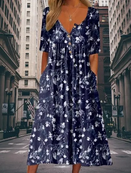Women's Boho Floral Maxi Dress, Elegant V-Neck 3/4 Sleeve Boho Casual Dress with Pockets for Women