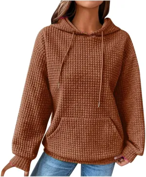 Women's Casual Drawstring Waffle Hoodies Sweatshirts Long Sleeve Pullover Tops with Pocket