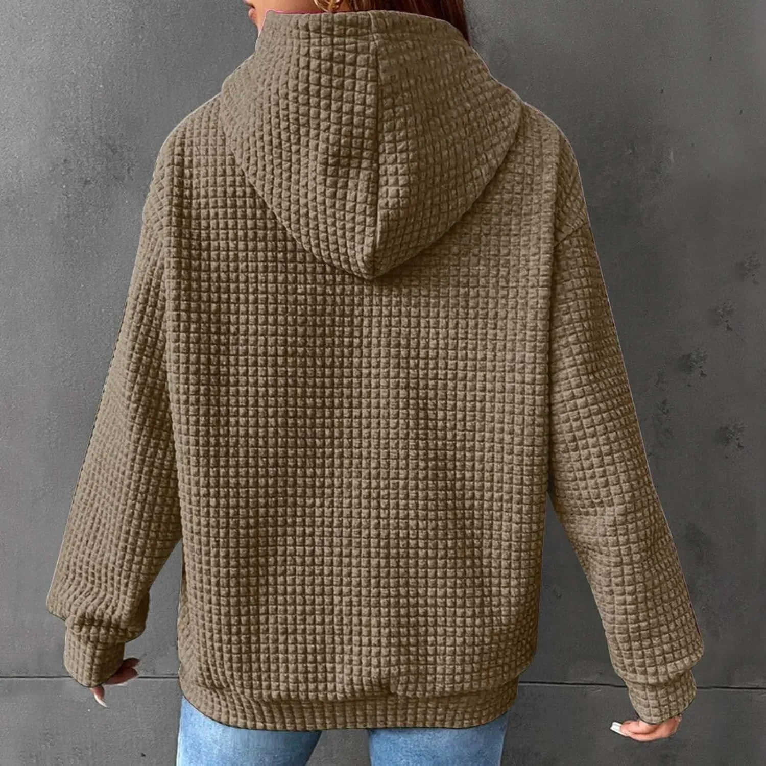Women's Casual Drawstring Waffle Hoodies Sweatshirts Long Sleeve Pullover Tops with Pocket