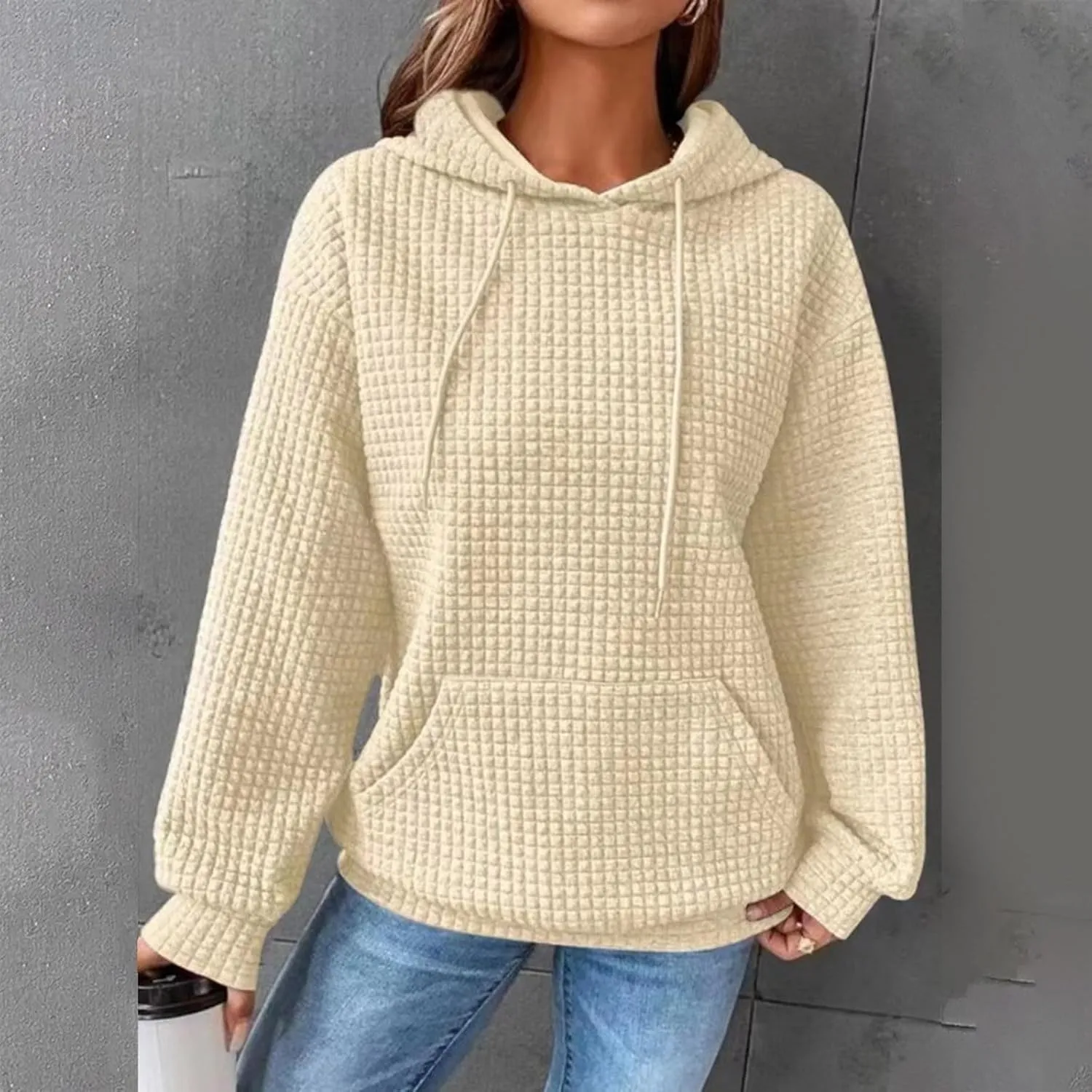 Women's Casual Drawstring Waffle Hoodies Sweatshirts Long Sleeve Pullover Tops with Pocket