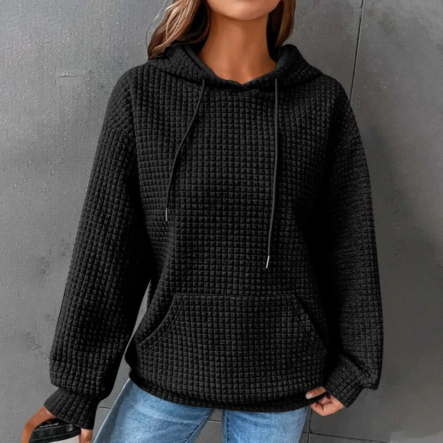 Women's Casual Drawstring Waffle Hoodies Sweatshirts Long Sleeve Pullover Tops with Pocket