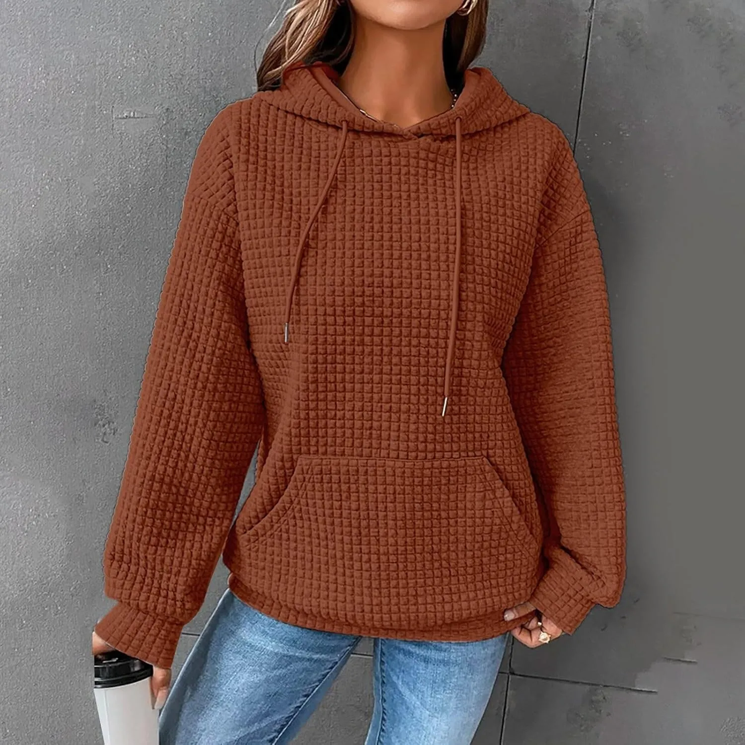 Women's Casual Drawstring Waffle Hoodies Sweatshirts Long Sleeve Pullover Tops with Pocket