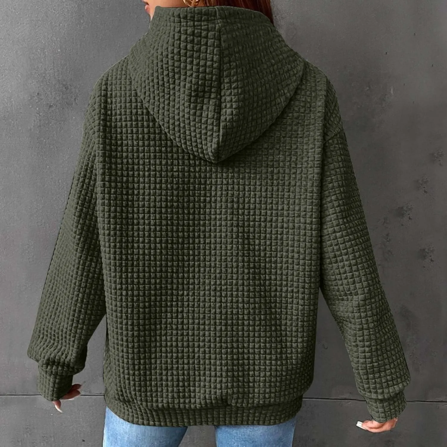 Women's Casual Drawstring Waffle Hoodies Sweatshirts Long Sleeve Pullover Tops with Pocket