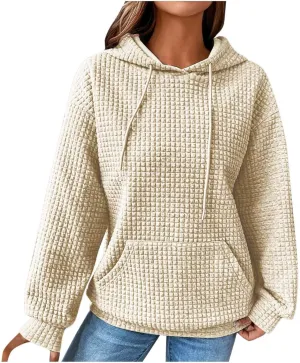 Women's Casual Drawstring Waffle Hoodies Sweatshirts Long Sleeve Pullover Tops with Pocket