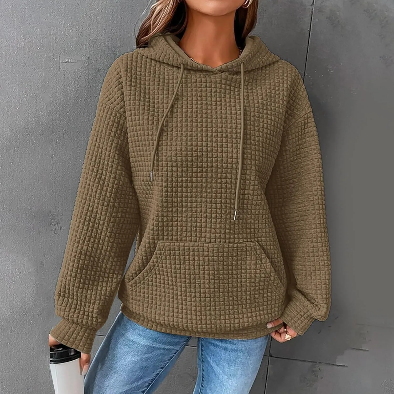 Women's Casual Drawstring Waffle Hoodies Sweatshirts Long Sleeve Pullover Tops with Pocket