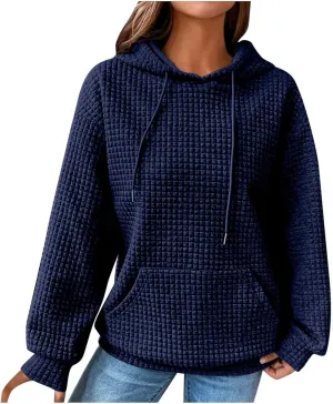 Women's Casual Drawstring Waffle Hoodies Sweatshirts Long Sleeve Pullover Tops with Pocket