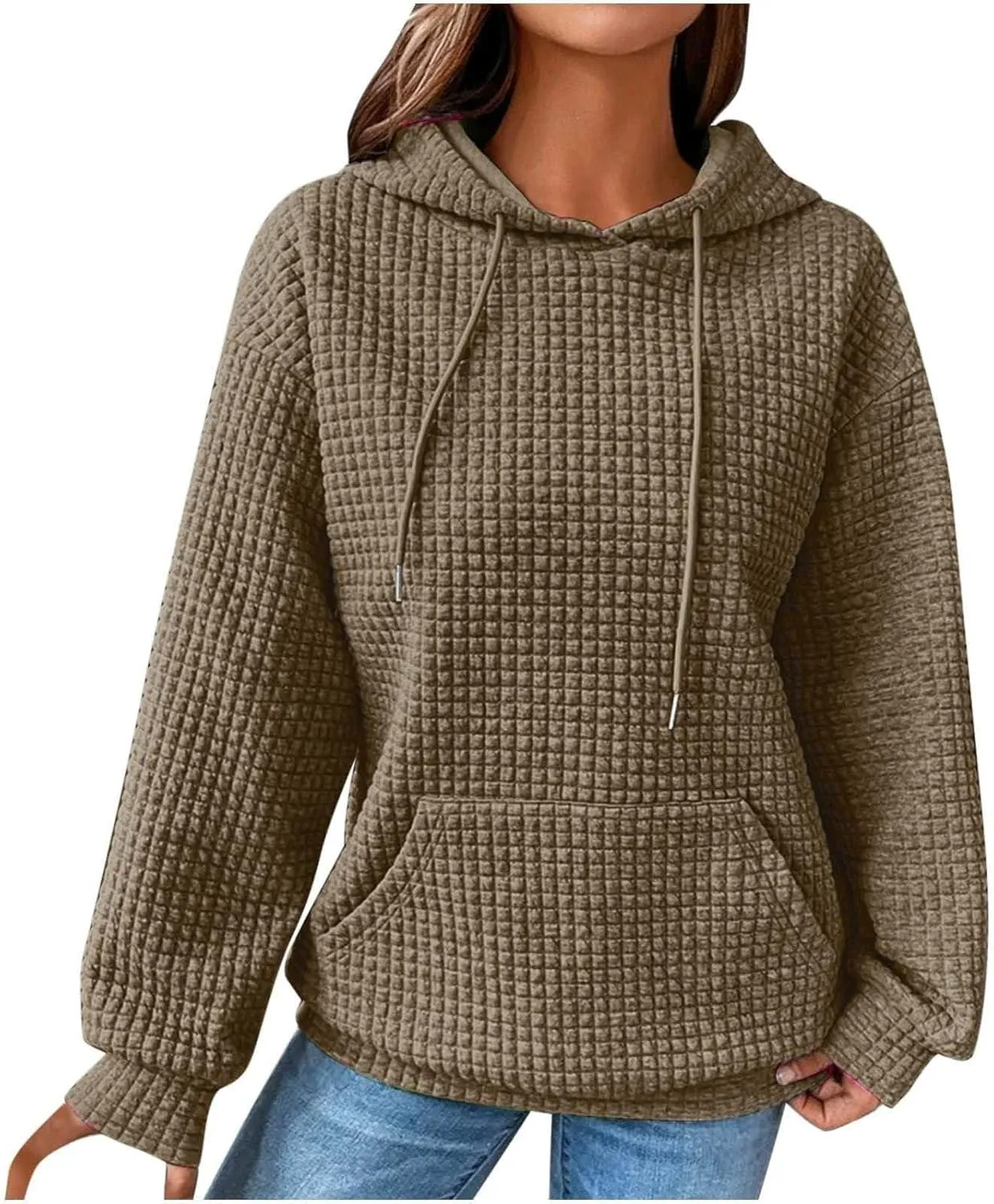 Women's Casual Drawstring Waffle Hoodies Sweatshirts Long Sleeve Pullover Tops with Pocket