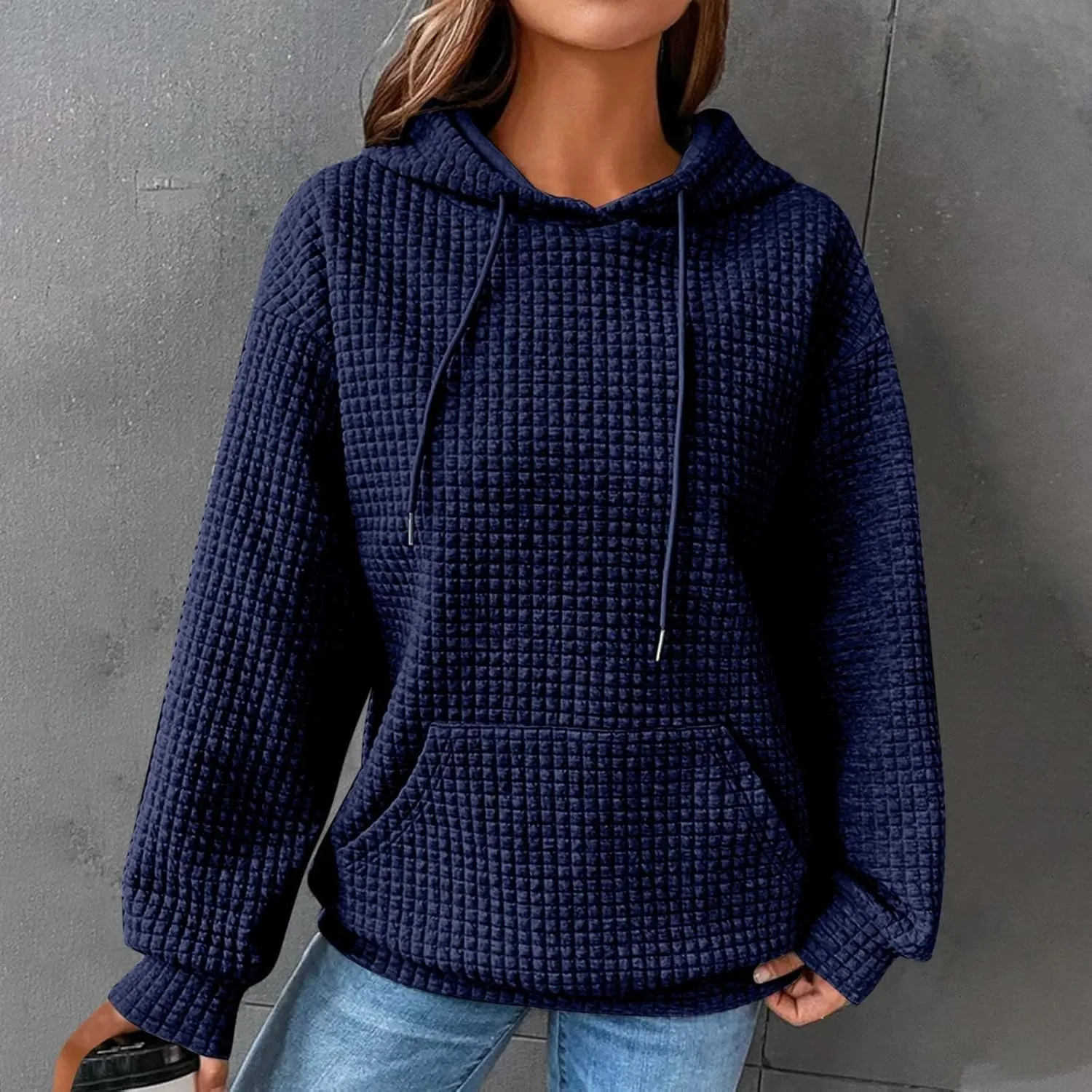 Women's Casual Drawstring Waffle Hoodies Sweatshirts Long Sleeve Pullover Tops with Pocket