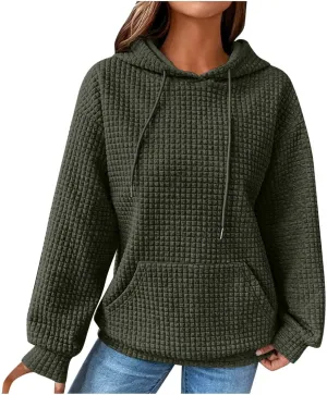 Women's Casual Drawstring Waffle Hoodies Sweatshirts Long Sleeve Pullover Tops with Pocket