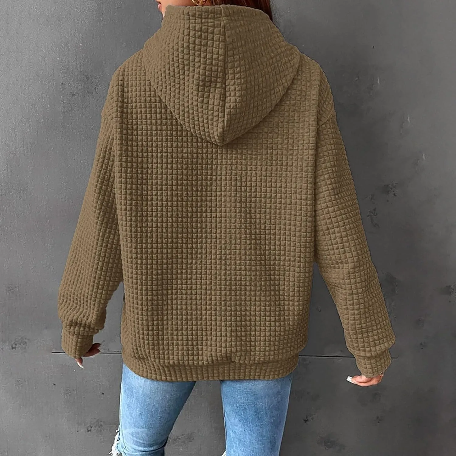 Women's Casual Drawstring Waffle Hoodies Sweatshirts Long Sleeve Pullover Tops with Pocket