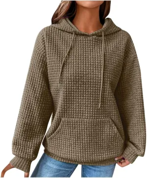 Women's Casual Drawstring Waffle Hoodies Sweatshirts Long Sleeve Pullover Tops with Pocket