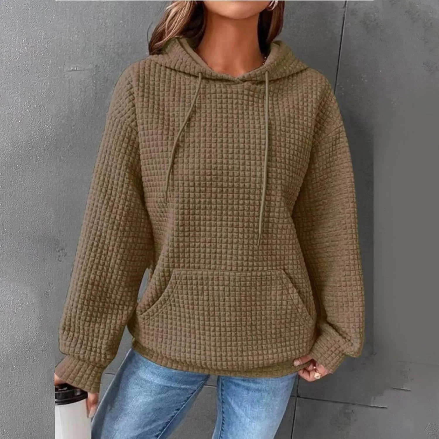 Women's Casual Drawstring Waffle Hoodies Sweatshirts Long Sleeve Pullover Tops with Pocket