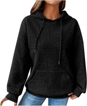Women's Casual Drawstring Waffle Hoodies Sweatshirts Long Sleeve Pullover Tops with Pocket