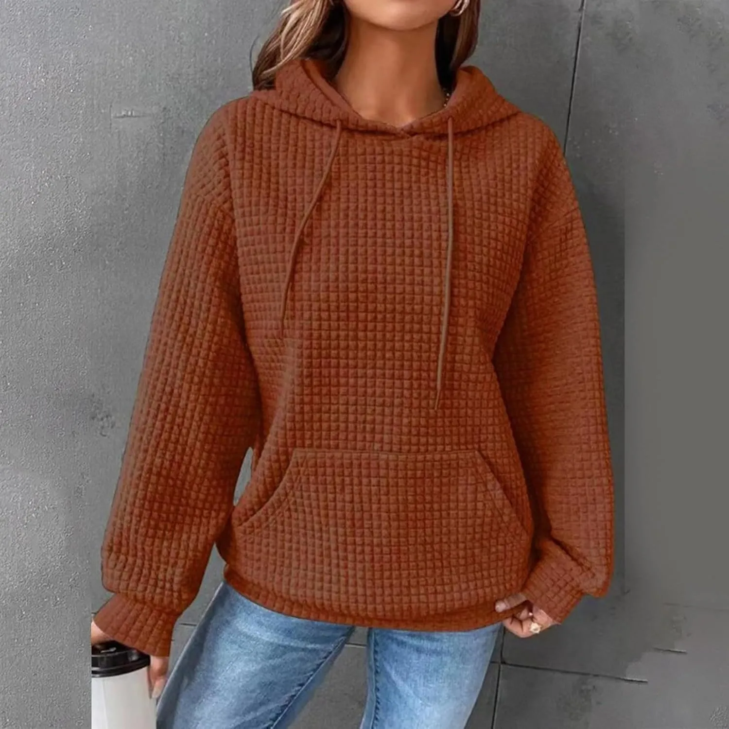 Women's Casual Drawstring Waffle Hoodies Sweatshirts Long Sleeve Pullover Tops with Pocket