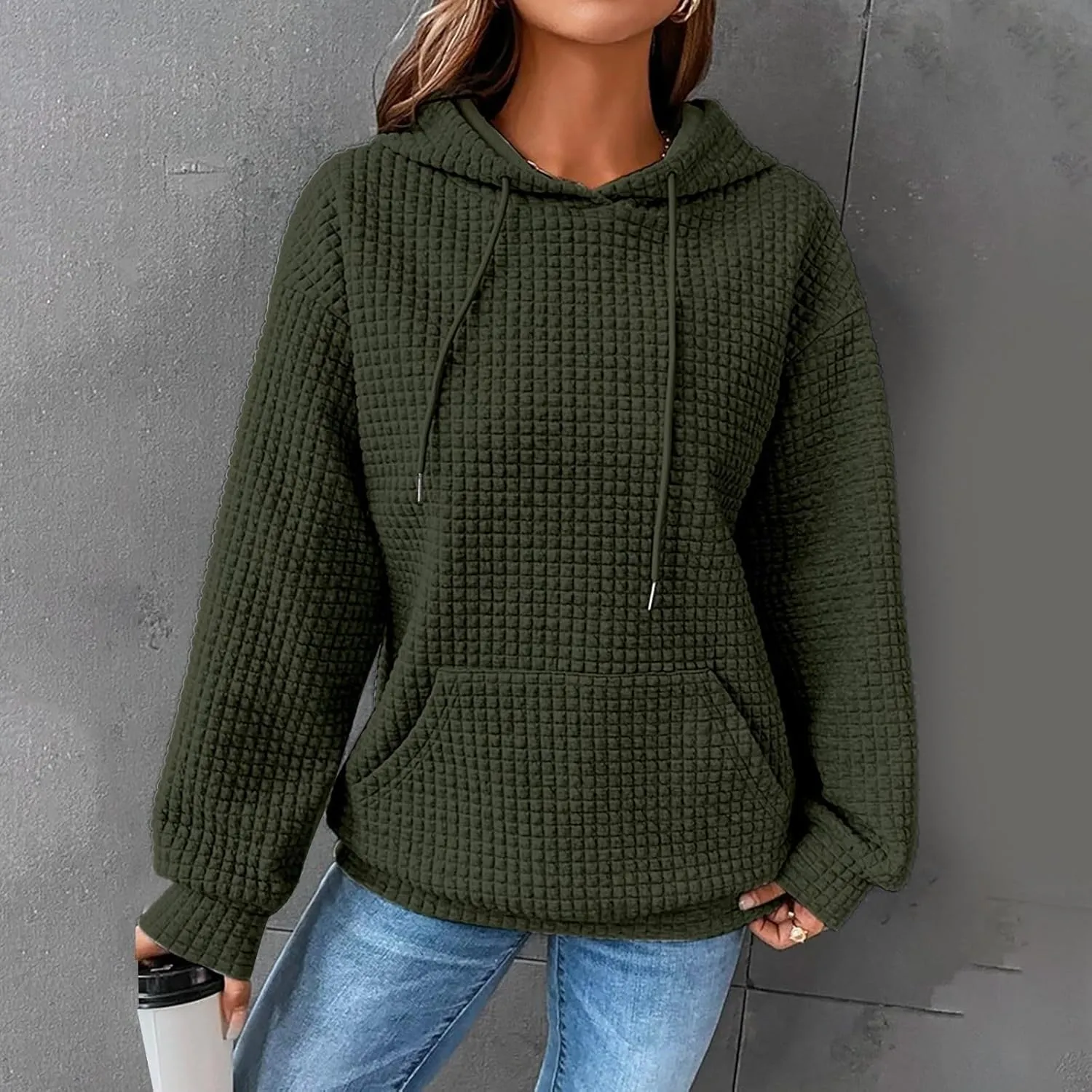 Women's Casual Drawstring Waffle Hoodies Sweatshirts Long Sleeve Pullover Tops with Pocket