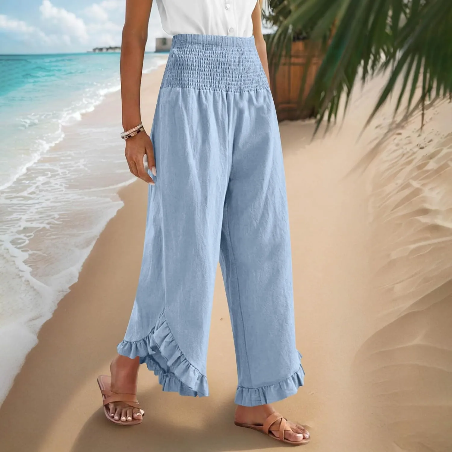 Women's Cotton Linen Pant Summer Wide Leg Trousers Casual Elastic Drawstring High Waist Palazzo Pants Pockets S-XXL