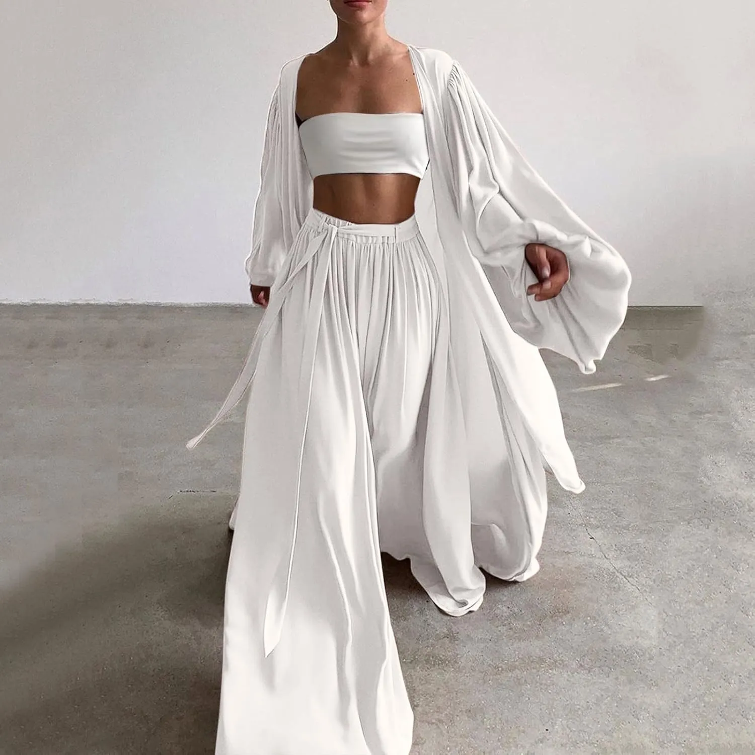 Women's Dressy Pant Suits for A Wedding Women's 3 Piece Set Casual Sexy Solid Color Womens Pant Jumpsuit (White, XXL)