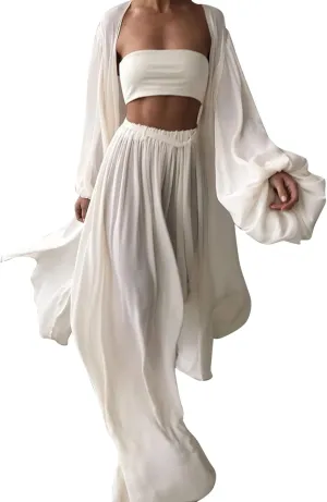 Women's Dressy Pant Suits for A Wedding Women's 3 Piece Set Casual Sexy Solid Color Womens Pant Jumpsuit (White, XXL)