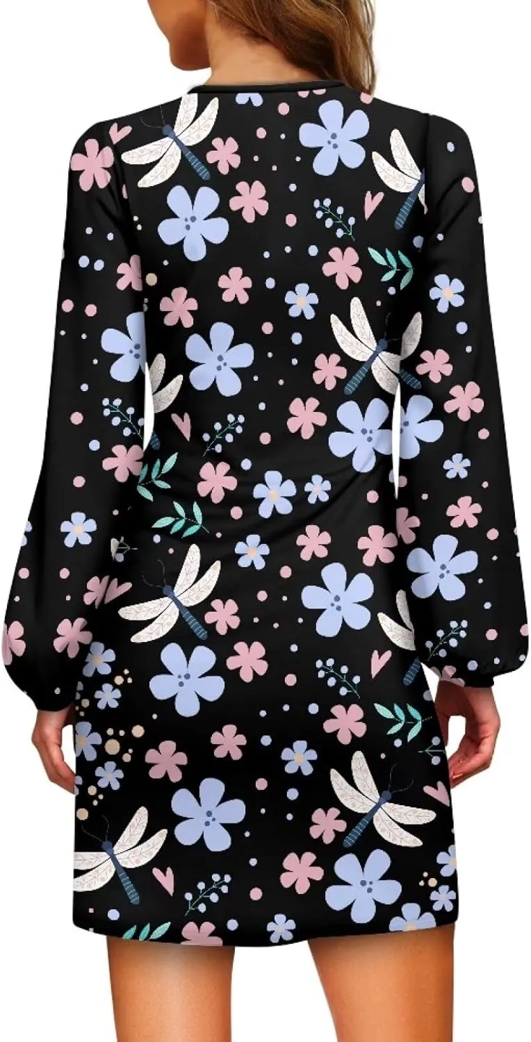 Womens Elegant Long Sleeve Dress Crewneck Tie Waist Ruched Mini Dresses Spring Summer A Line Outfits Casual Shirts