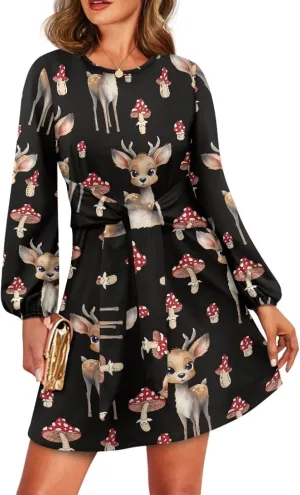 Womens Elegant Long Sleeve Dress Crewneck Tie Waist Ruched Mini Dresses Spring Summer A Line Outfits Casual Shirts