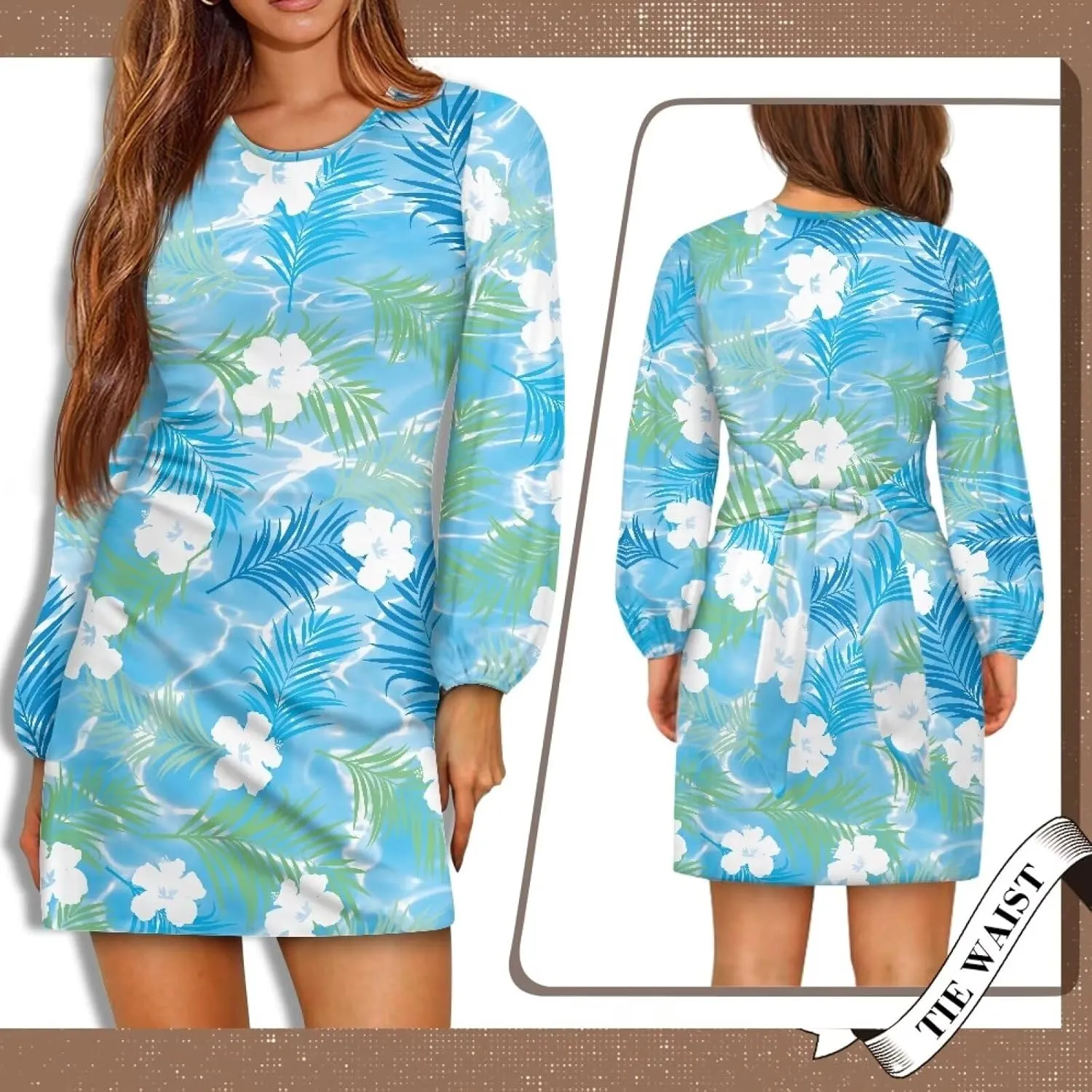 Womens Elegant Long Sleeve Dress Crewneck Tie Waist Ruched Mini Dresses Spring Summer A Line Outfits Casual Shirts