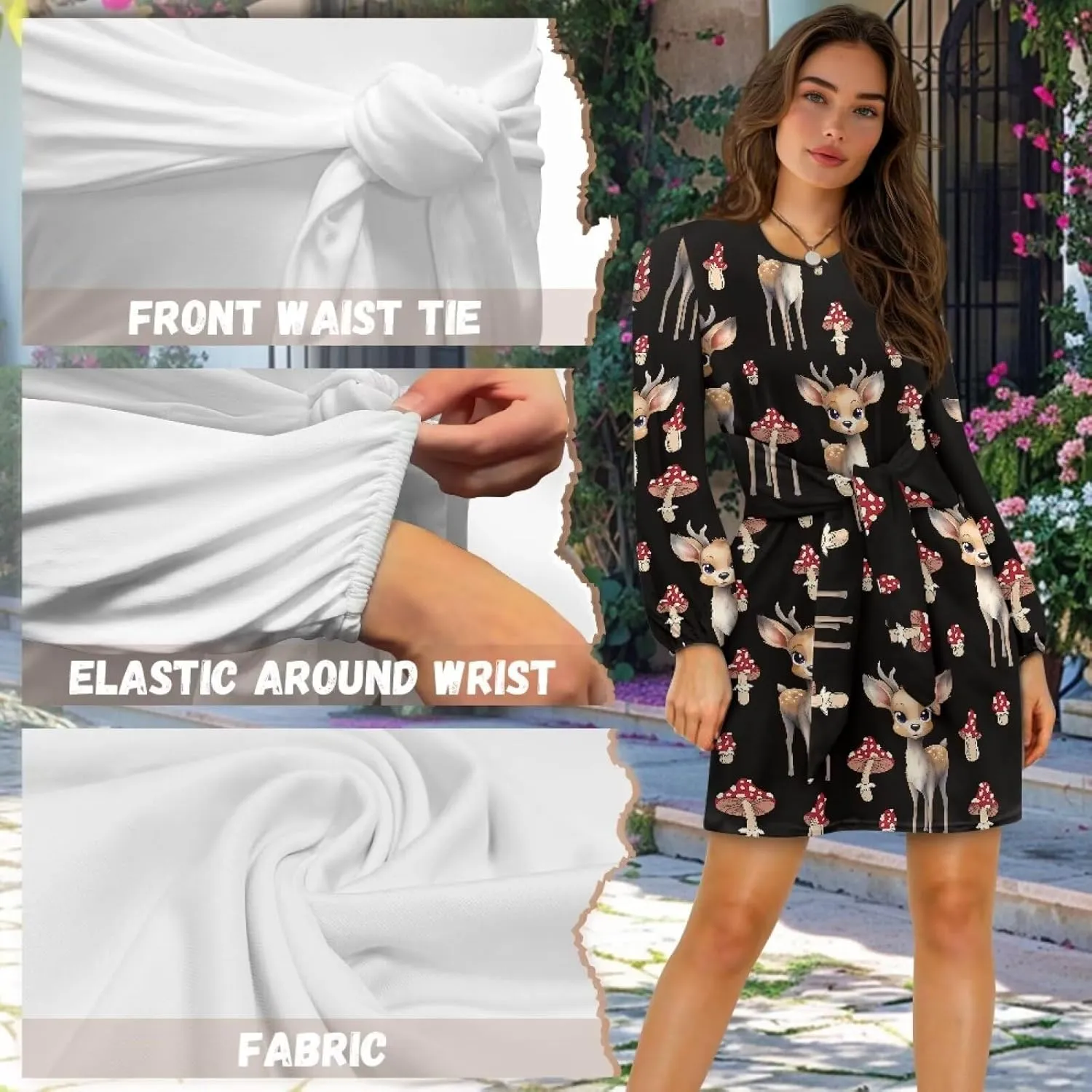 Womens Elegant Long Sleeve Dress Crewneck Tie Waist Ruched Mini Dresses Spring Summer A Line Outfits Casual Shirts