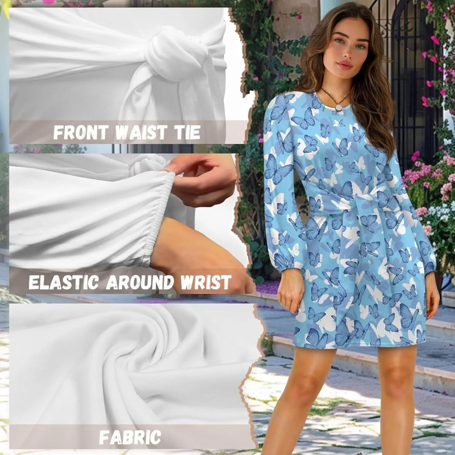 Womens Elegant Long Sleeve Dress Crewneck Tie Waist Ruched Mini Dresses Spring Summer A Line Outfits Casual Shirts