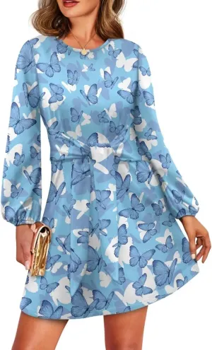 Womens Elegant Long Sleeve Dress Crewneck Tie Waist Ruched Mini Dresses Spring Summer A Line Outfits Casual Shirts