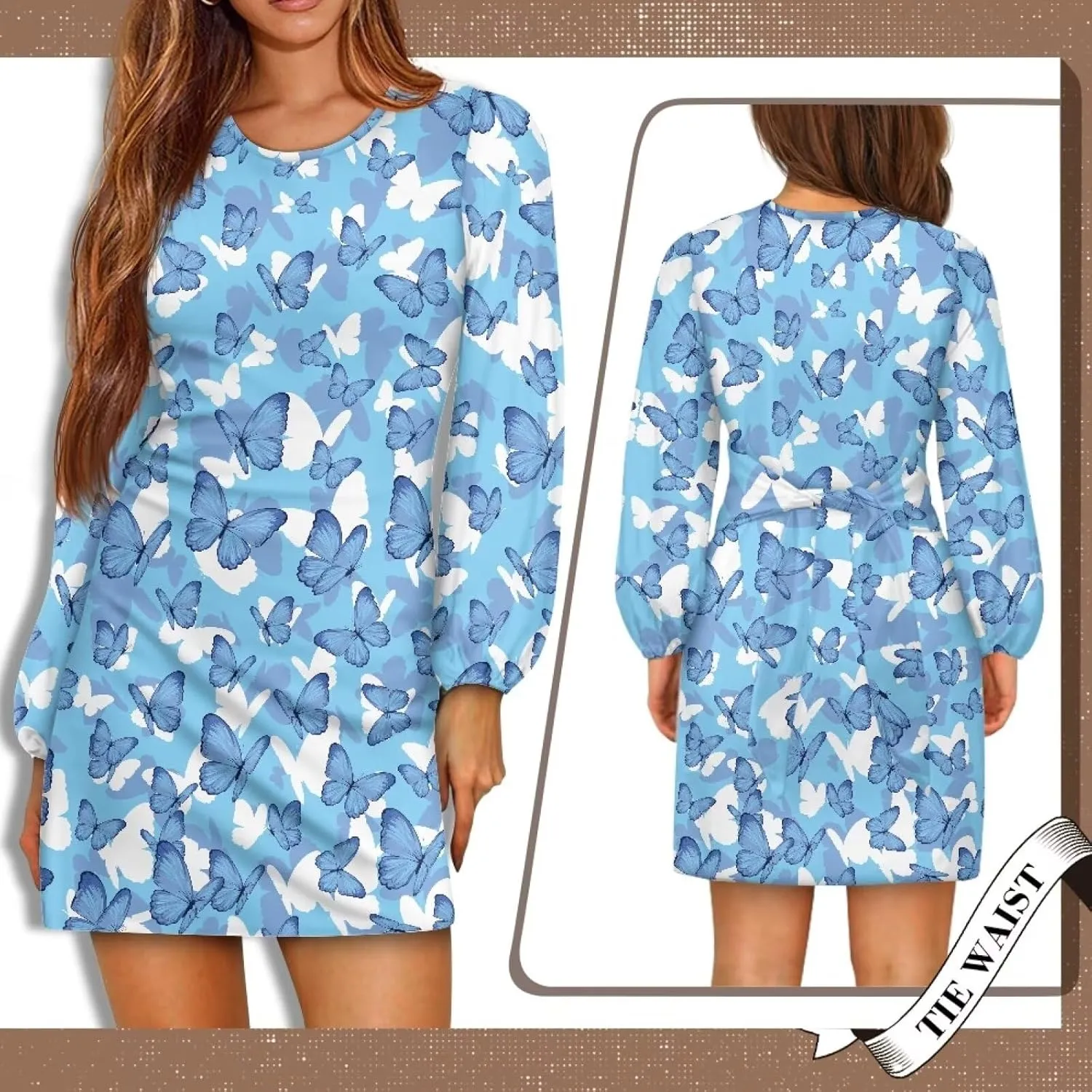 Womens Elegant Long Sleeve Dress Crewneck Tie Waist Ruched Mini Dresses Spring Summer A Line Outfits Casual Shirts