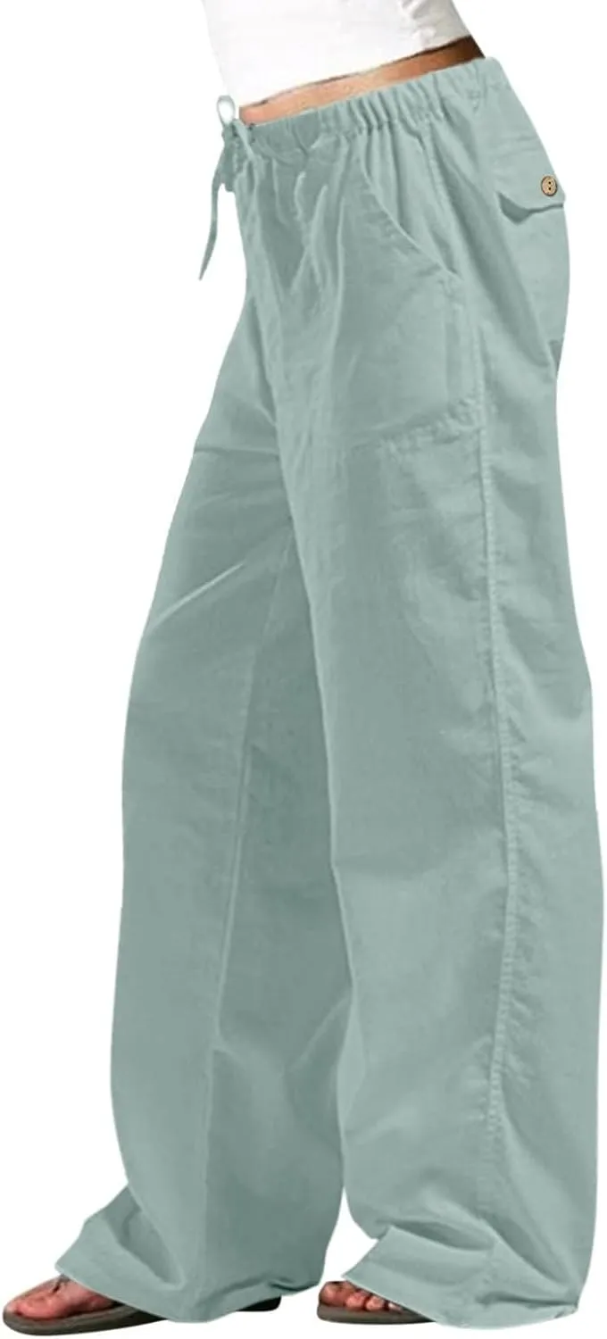Womens Linen Cargo Pants Summer Elastic High Waist Pant Drawstring Harem Lounge Pant Plus Size Trousers with Pockets