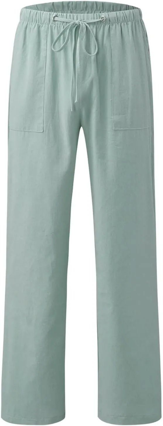 Womens Linen Cargo Pants Summer Elastic High Waist Pant Drawstring Harem Lounge Pant Plus Size Trousers with Pockets