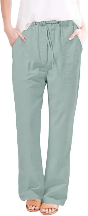 Womens Linen Cargo Pants Summer Elastic High Waist Pant Drawstring Harem Lounge Pant Plus Size Trousers with Pockets