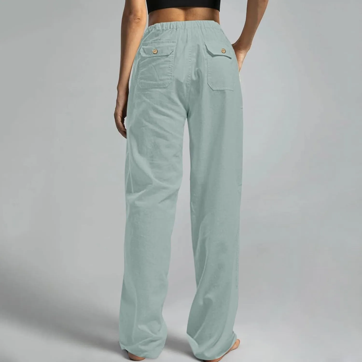 Womens Linen Cargo Pants Summer Elastic High Waist Pant Drawstring Harem Lounge Pant Plus Size Trousers with Pockets