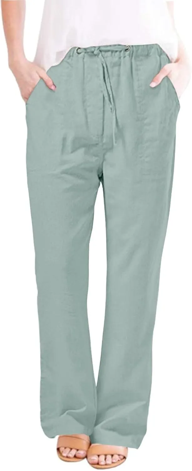 Womens Linen Cargo Pants Summer Elastic High Waist Pant Drawstring Harem Lounge Pant Plus Size Trousers with Pockets