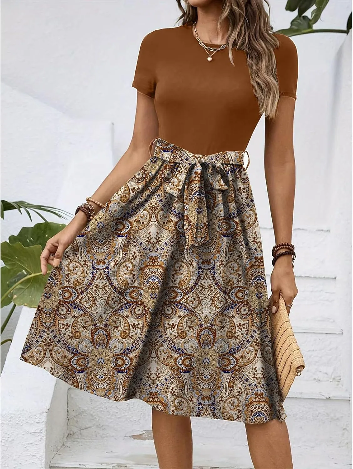 Womens Midi Dress Summer Short Sleeve Petite Dresses 2025 Ladies Casual Plus Size Floral T-Shirt Flowy Beach Sundress